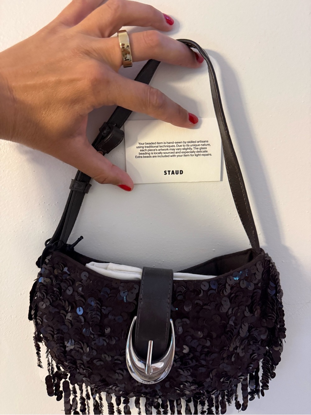 STAUD Alana Sequin Fringe Shoulder Bag Espresso Brown NWT $295 - Picture 2 of 5